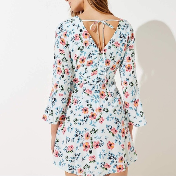 Loft White Mini Floral Tie Back Bell Sleeve Dress - Picture 4 of 4